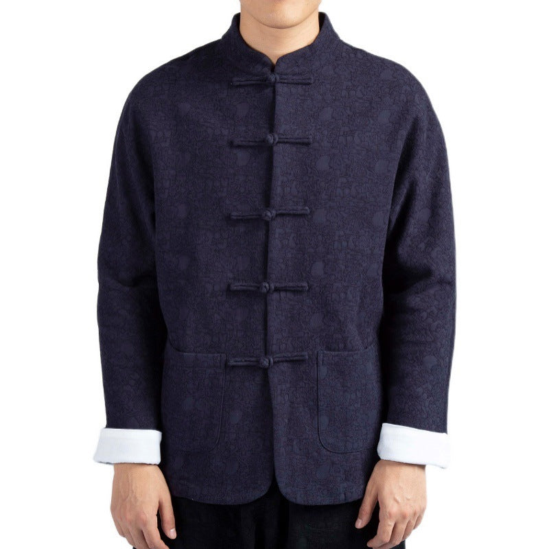 Chaqueta de traje estilo chino de algodón y lino con cuello en V y jacquard grueso para hombre