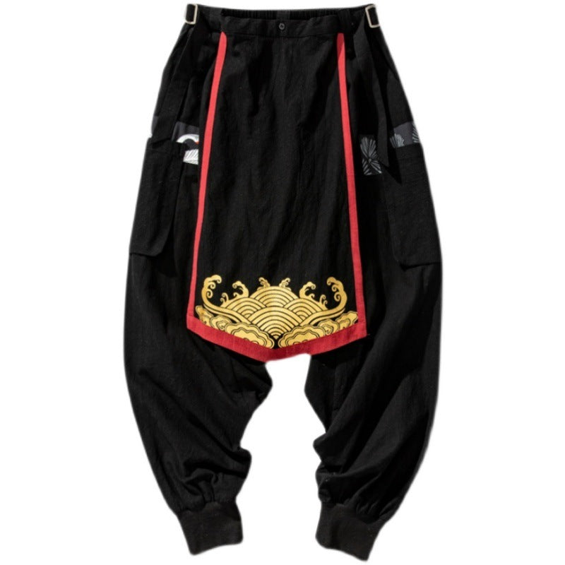 Pantalones anchos con estampado de personalidad para hombre de algodón y lino con entrepierna grande