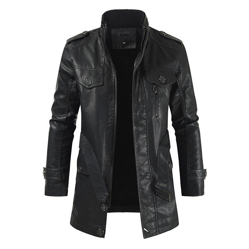 Herren Plus Samt Casual Stehkragen Leder Trenchcoat