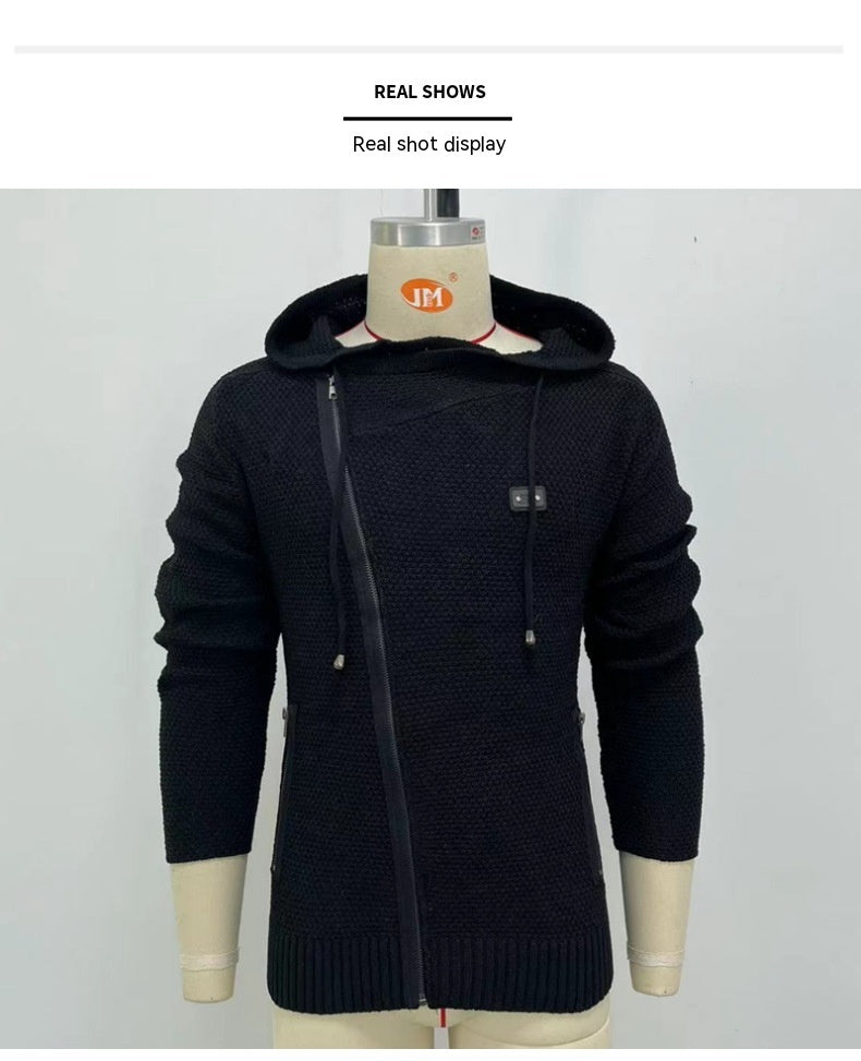 Suéter ajustado de manga larga con cremallera oblicua para hombre, color negro, con forro adicional