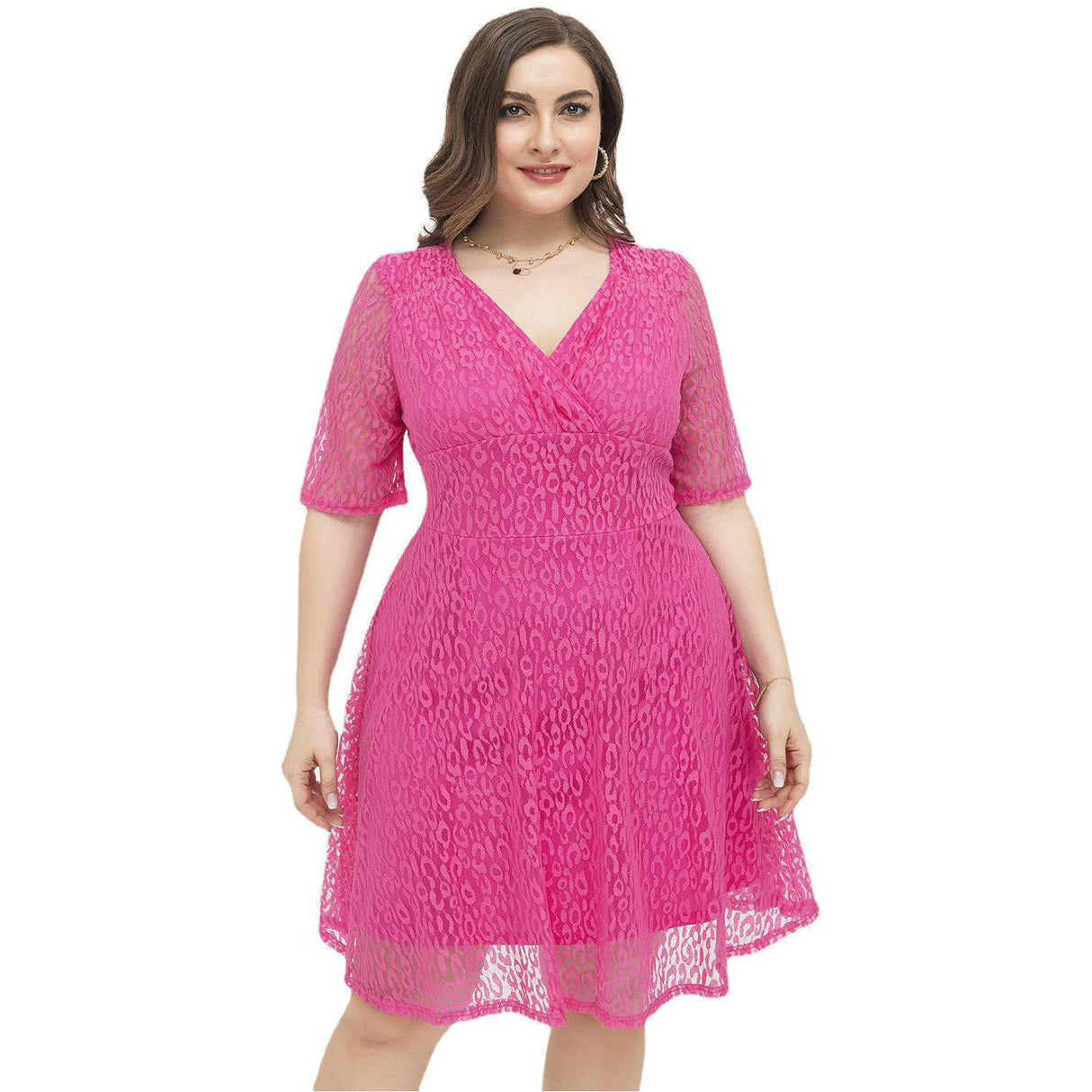 Lässiges Spitzenkleid mit enger Taille und V-Ausschnitt