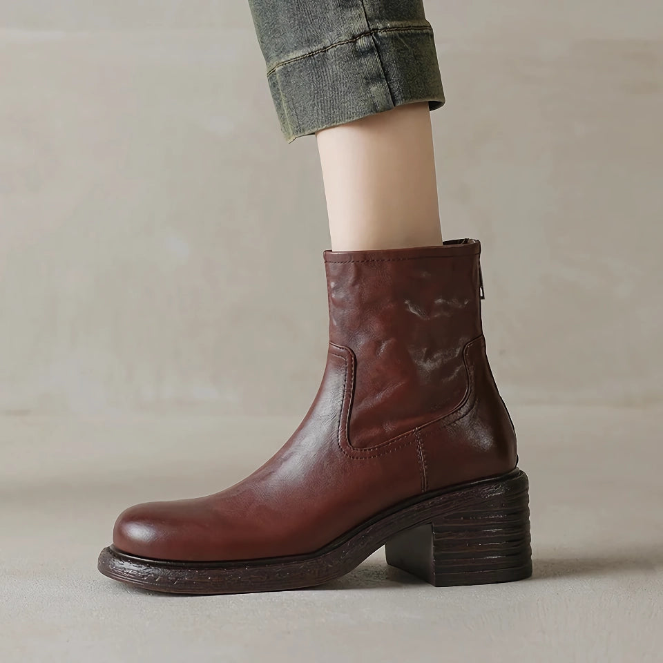 Botines de piel auténtica para mujer, tacones altos, estilo motociclista corto