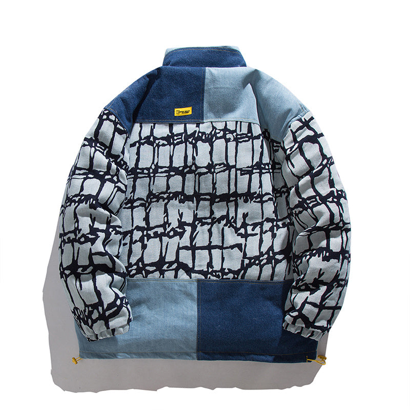 Baumwollmantel mit Stehkragen und Denim-Nähten