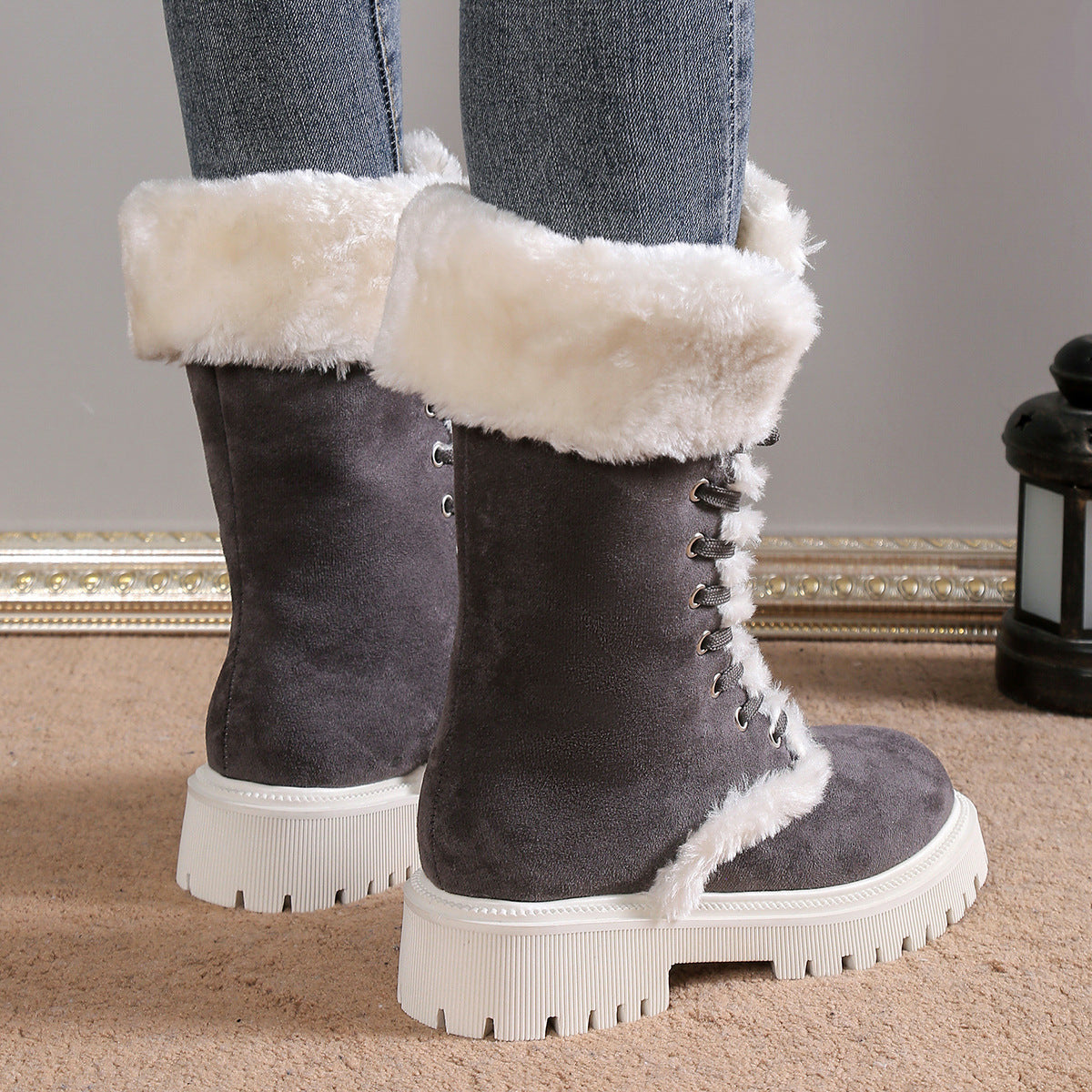 Winter-Schnürstiefeletten für Damen, Fleece-Schuhe mit mittlerem Schaft, warme Plüschstiefel mit klobigen Absätzen