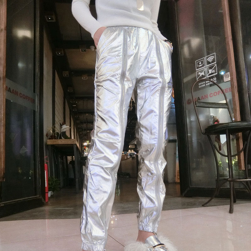 Silber lässige Krawatte Hose lose Reißverschluss Mode Haremshose