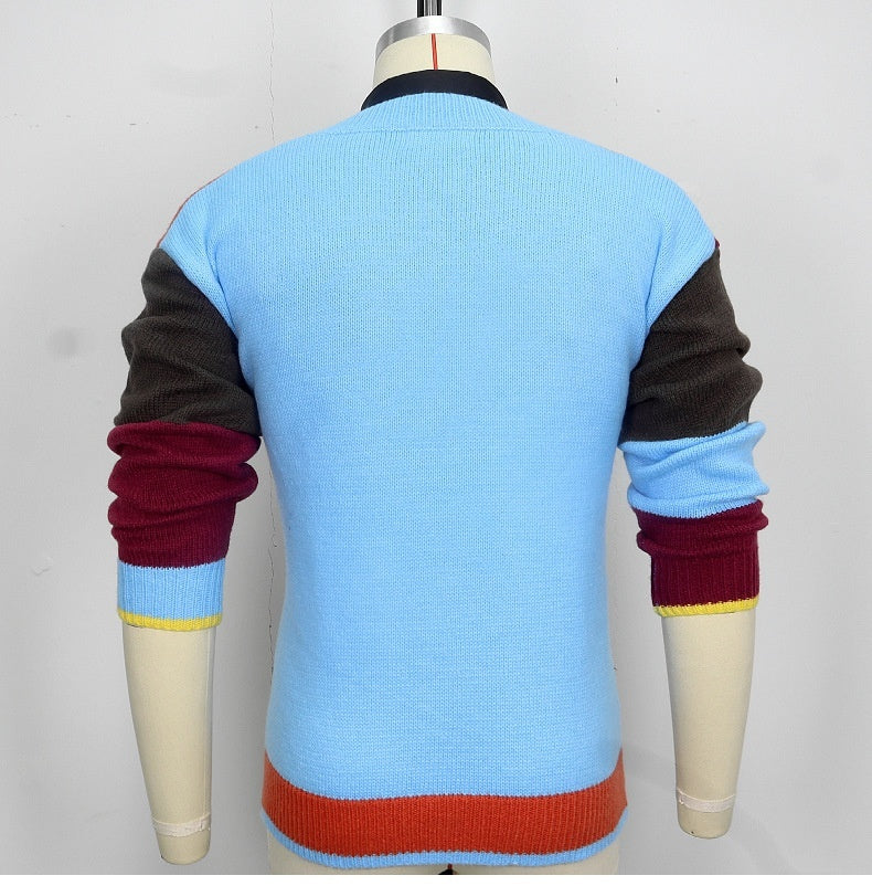 Jersey de manga larga con cuello en V y bloques de color para hombre joven y moderno