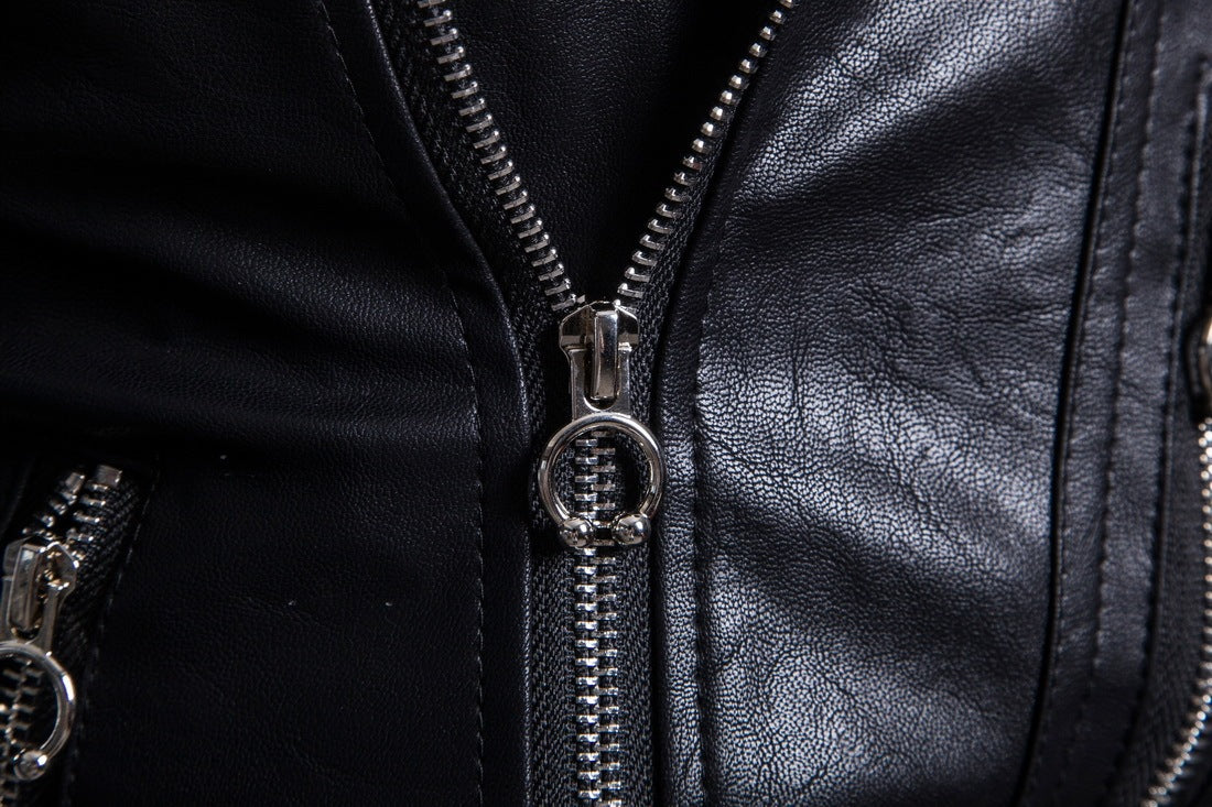 Abrigo de cuero con múltiples cremalleras para motociclista para hombre
