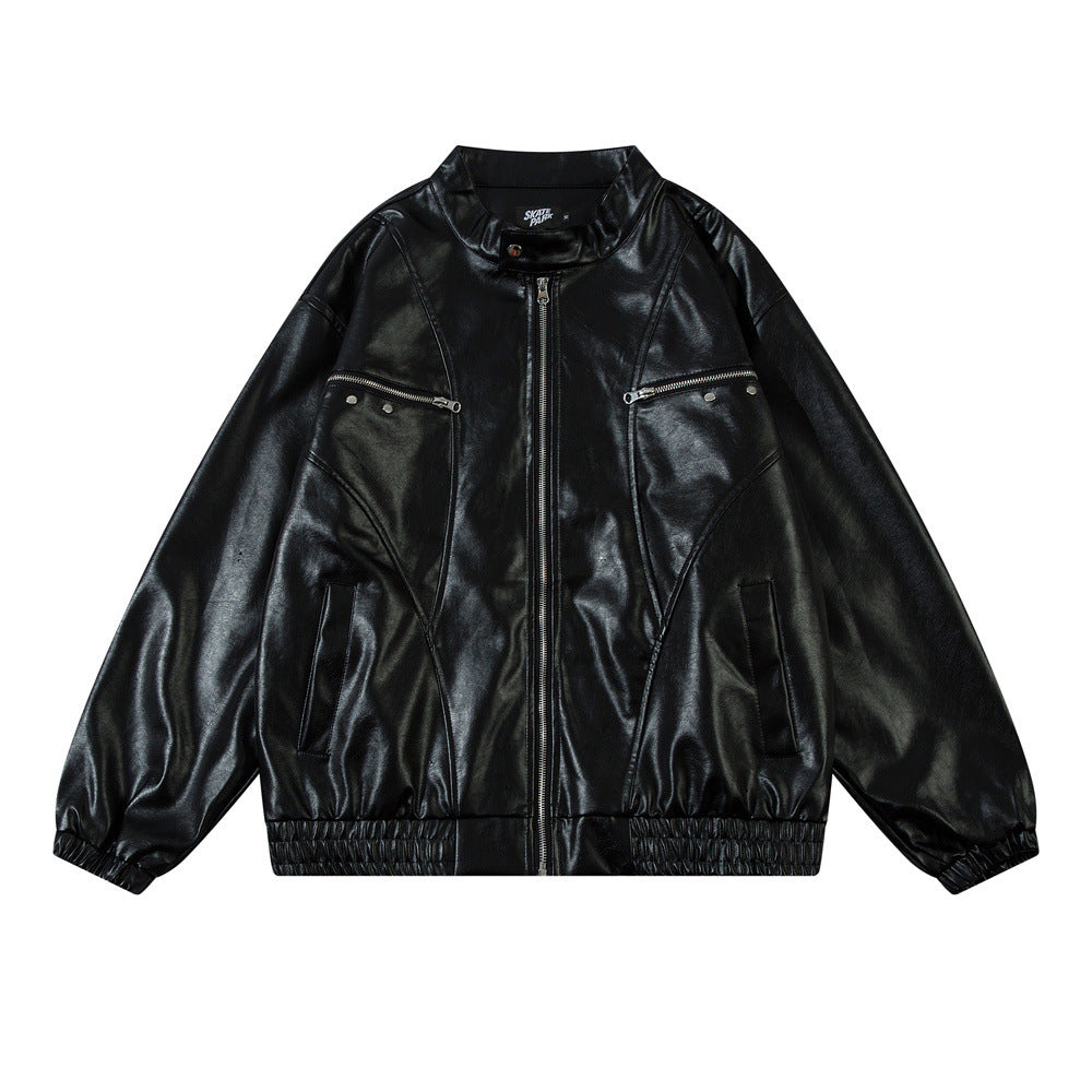 Chaqueta de cuero suelta con letras bordadas para hombre
