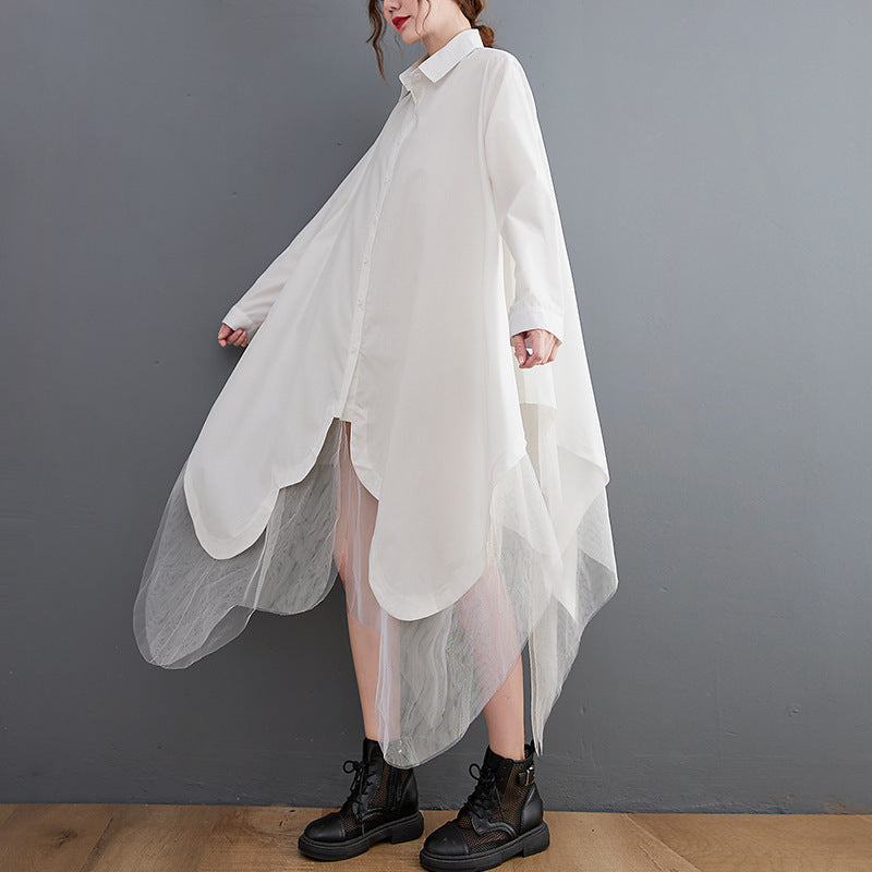 Vestido camisero de malla de doble capa con costuras irregulares y vuelo grande de dos piezas falso y suelto