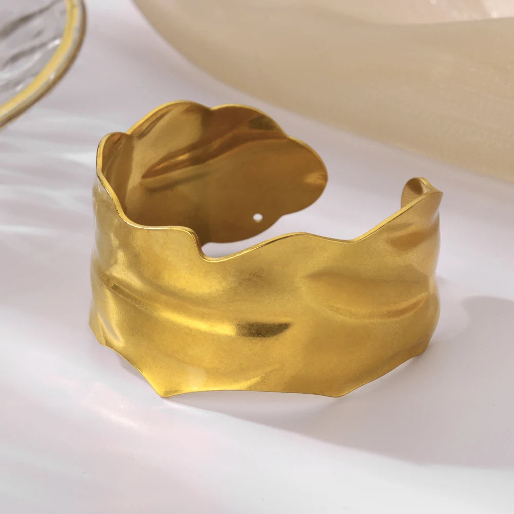 Stainless Steel Irregular Wide Gold Bangle - Vintage Classic Bracelet for Women
