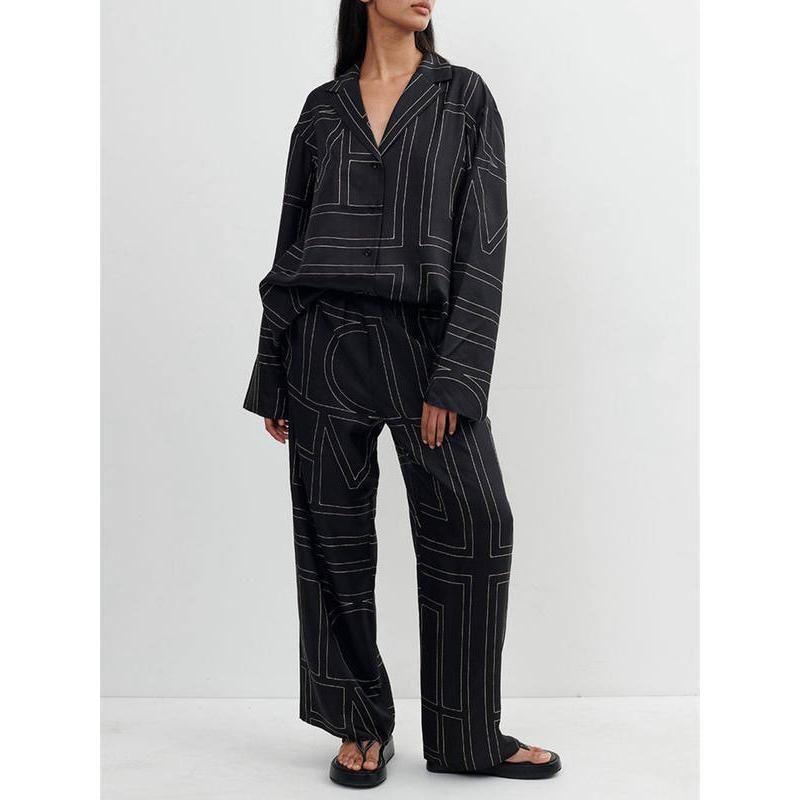 Conjunto de camisa y pantalones/pantalones cortos estilo pijama con estampado geométrico elegante para mujer