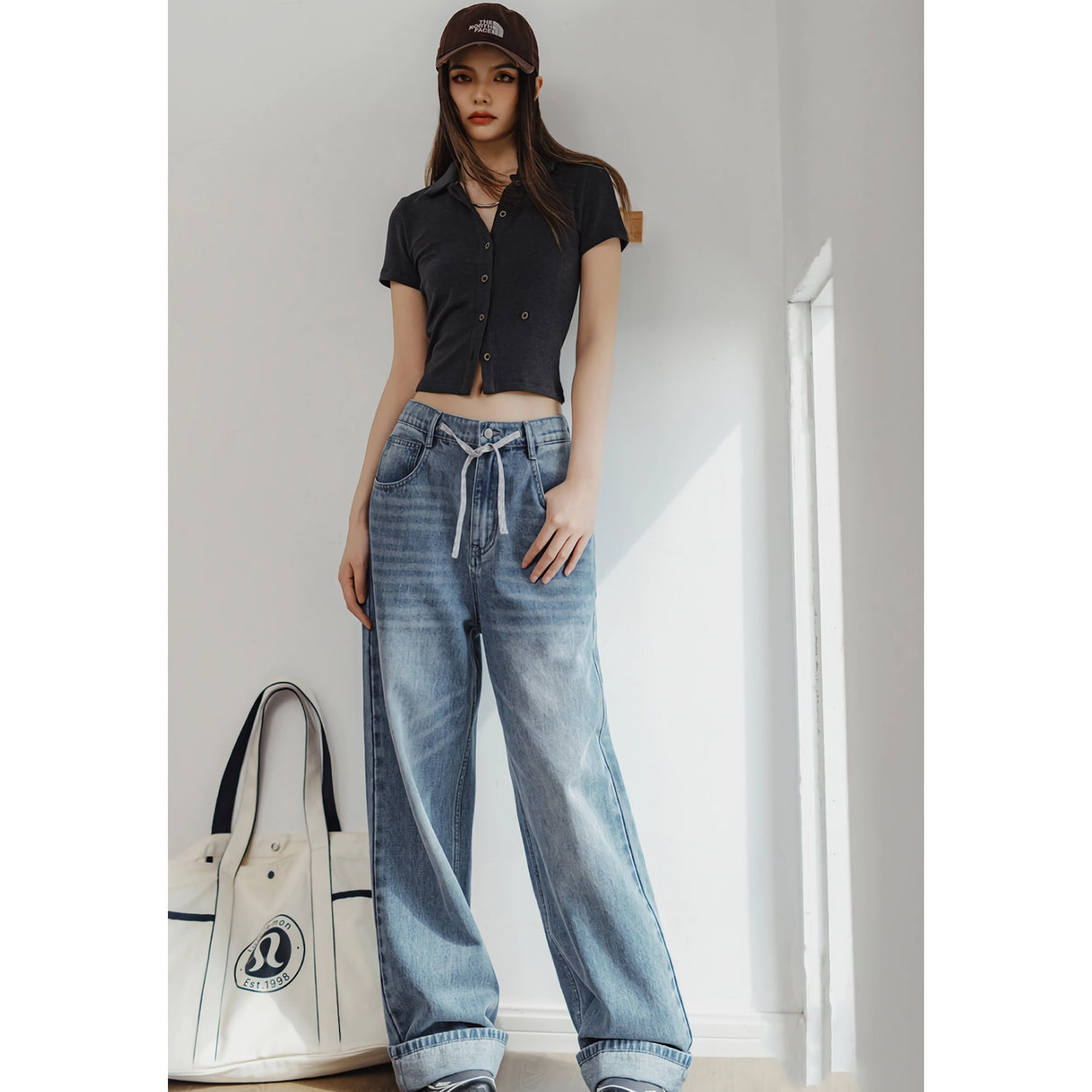 Light Blue Vintage Wide-Leg Jeans with Drawstring Waist for Women