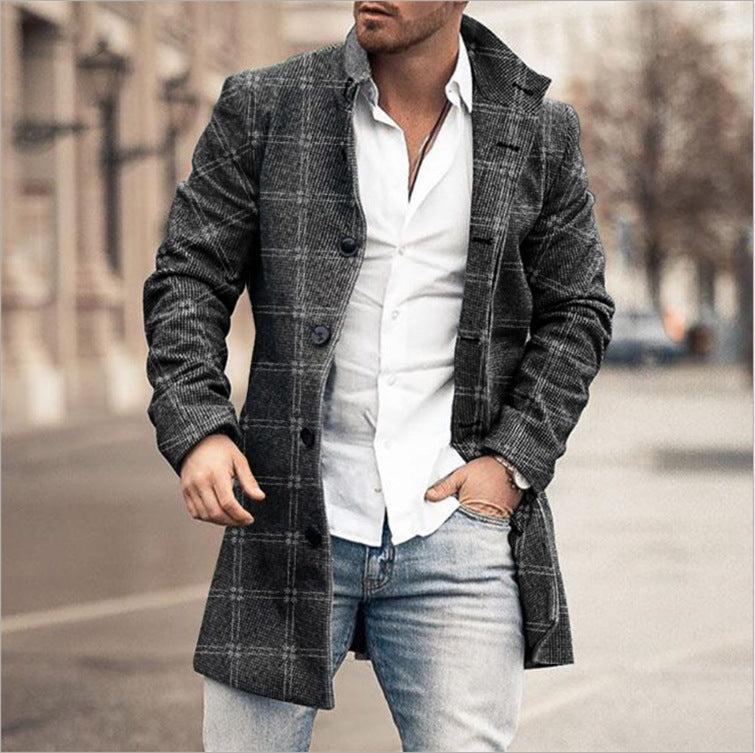 Abrigo informal de lana con cuello alto y bolsillos de longitud media para hombre para otoño e invierno