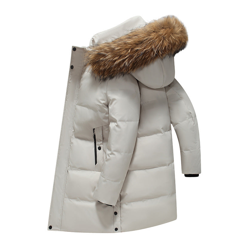 Mittellange, leichte, luxuriöse, verdickte, warme, kältebeständige Daunenjacke mit Kapuze und Pelzkragen