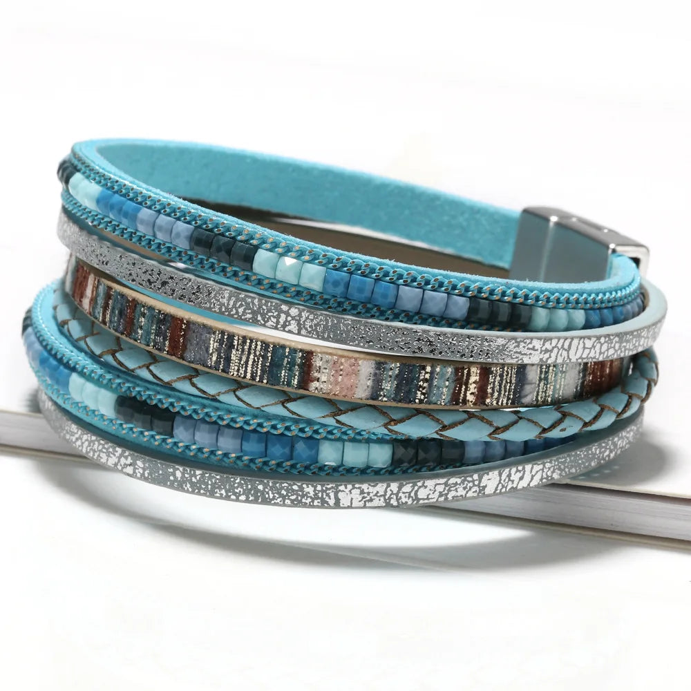 Pulsera de cuero bohemio tejida a mano con hebilla magnética