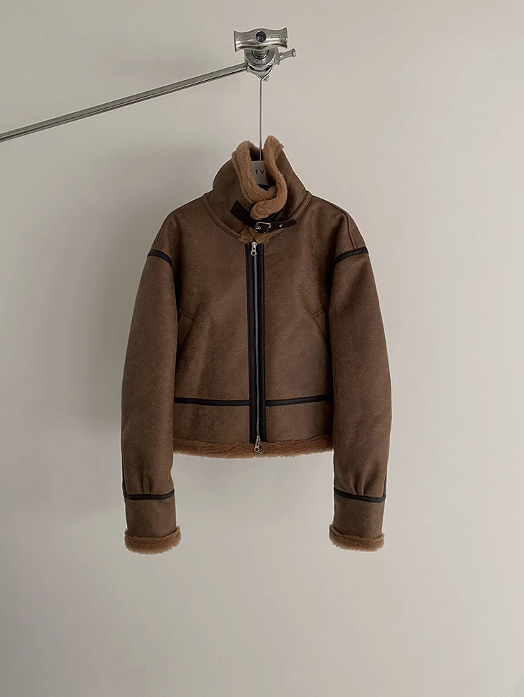 Chaqueta de cuero de gamuza suelta de lana de cordero con abrigo de algodón integrado de piel de Corea del Sur