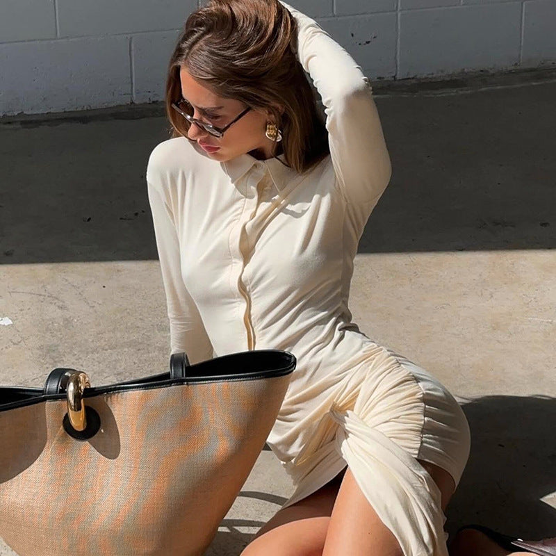 Modisches, halbdurchsichtiges Kleid mit Revers und langen Ärmeln für Damen