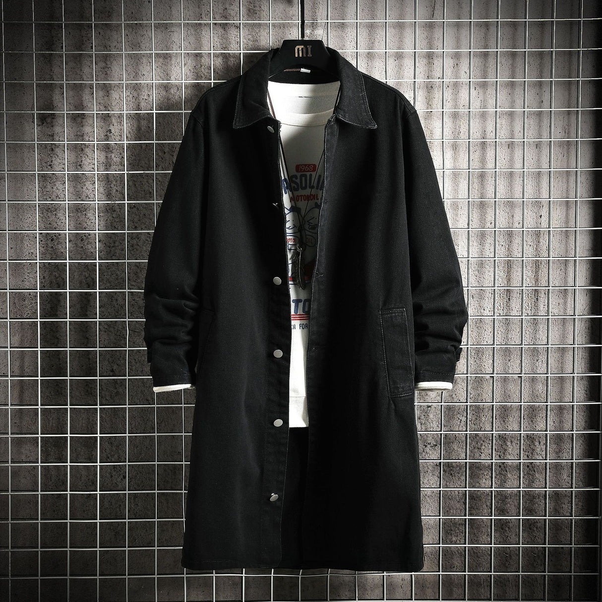 Gabardina vaquera para hombre, abrigo informal holgado de moda de longitud media