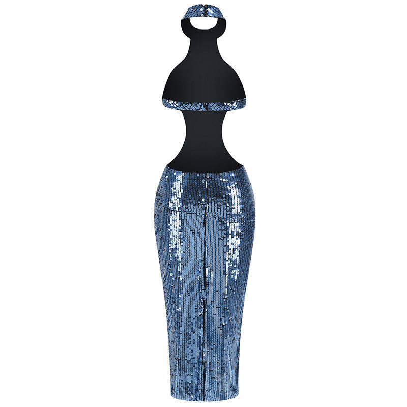 Vestido largo ajustado con cuello halter y lentejuelas para mujer