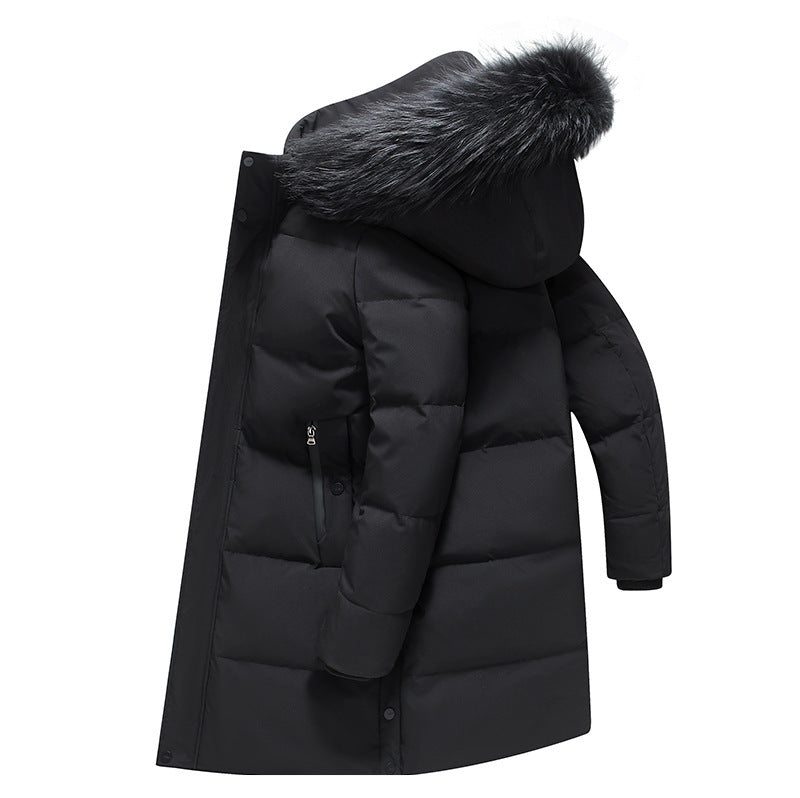 Mittellange, leichte, luxuriöse, verdickte, warme, kältebeständige Daunenjacke mit Kapuze und Pelzkragen
