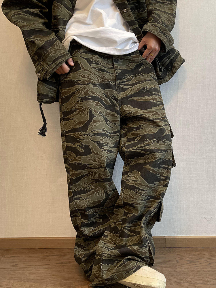 Pantalones de pierna recta para hombre con bolsillos y estampado de tigre holgados y camuflaje