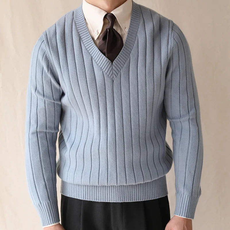 Gestreifter Winter-Strickpullover mit V-Ausschnitt für Herren – Slim Fit, warmer Pullover