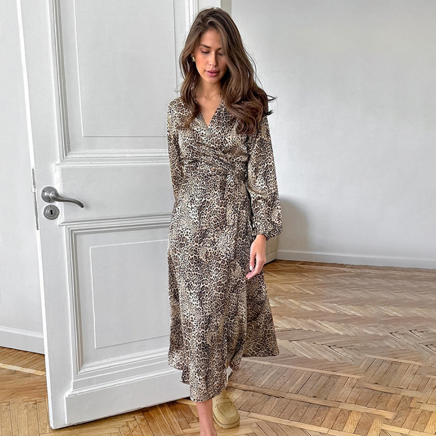 Vestido tipo manta con estampado de leopardo estilo europeo y americano, escote en V, mangas farol, falda de satén en forma de A