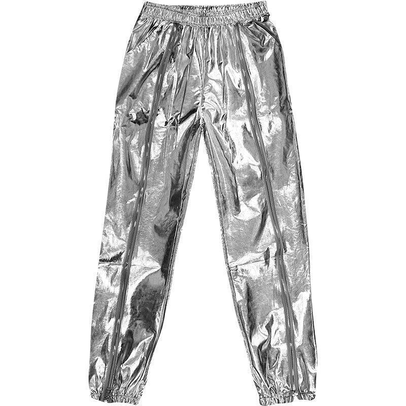 Silber lässige Krawatte Hose lose Reißverschluss Mode Haremshose