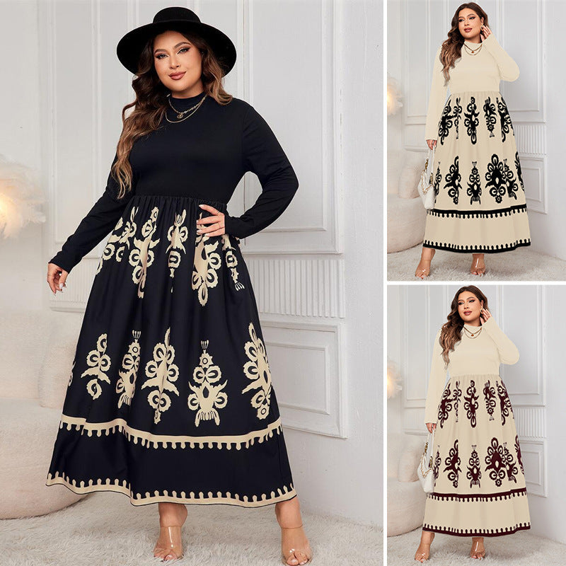 Vestido holgado de manga larga con estampado negro de talla grande