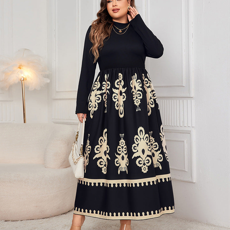 Vestido holgado de manga larga con estampado negro de talla grande