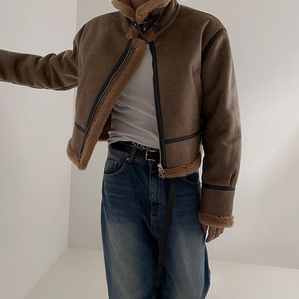 Chaqueta de cuero de gamuza suelta de lana de cordero con abrigo de algodón integrado de piel de Corea del Sur