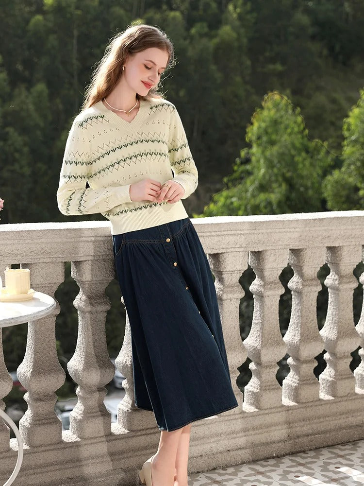 Aprikosenfarbener V-Ausschnitt-Pullover mit Hohlsaum für Damen