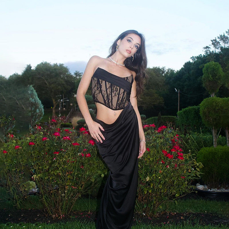 Vestido de mujer con parte superior de tubo y encaje calado
