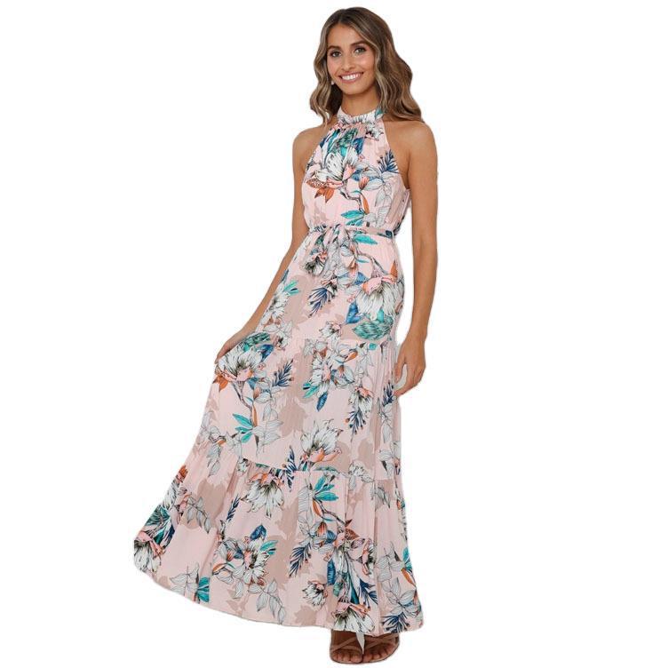 Neues, schmal geschnittenes Neckholder-Kleid aus Viskose mit Print und großem Swing-Schnürung für Damen