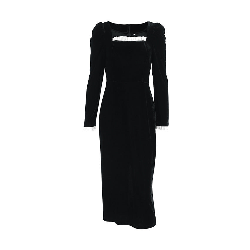 Vestido retro de cuello cuadrado estilo Hepburn para mujer con volantes