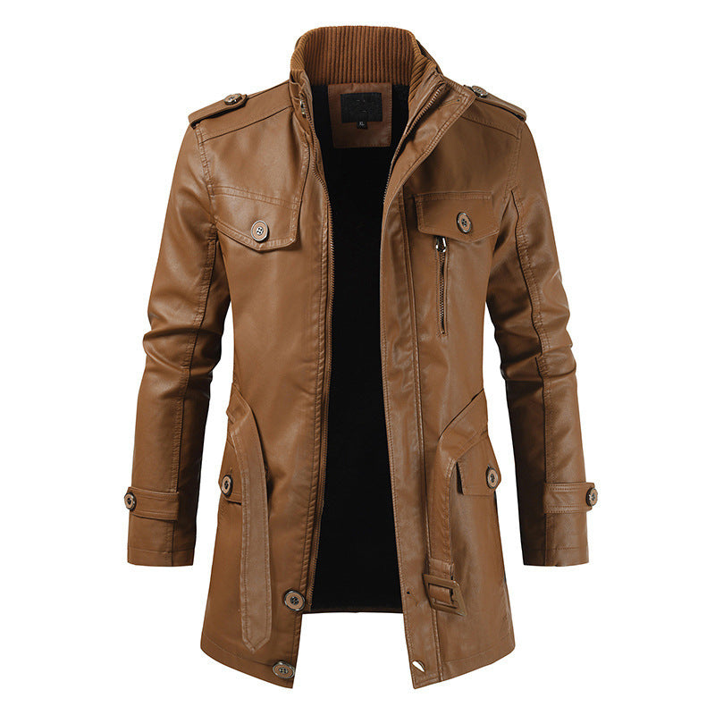 Herren Plus Samt Casual Stehkragen Leder Trenchcoat