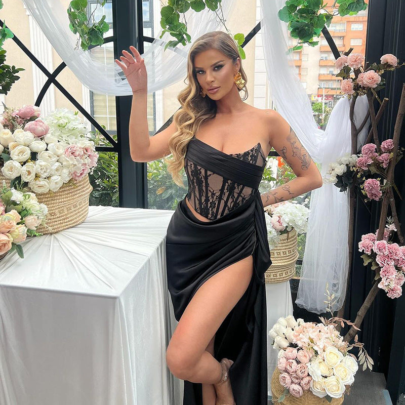 Vestido de mujer con parte superior de tubo y encaje calado