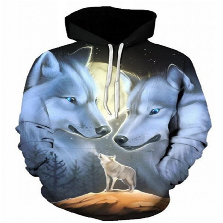 Suéter de manga larga con capucha y estampado digital en 3D de un lobo genial