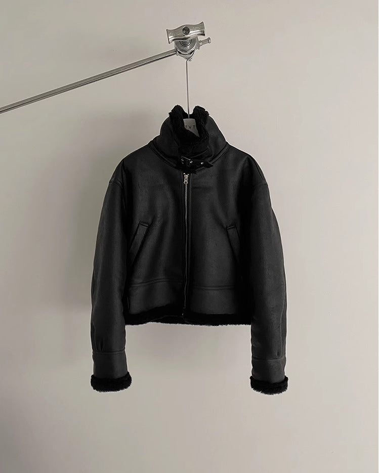 Chaqueta de cuero de gamuza suelta de lana de cordero con abrigo de algodón integrado de piel de Corea del Sur