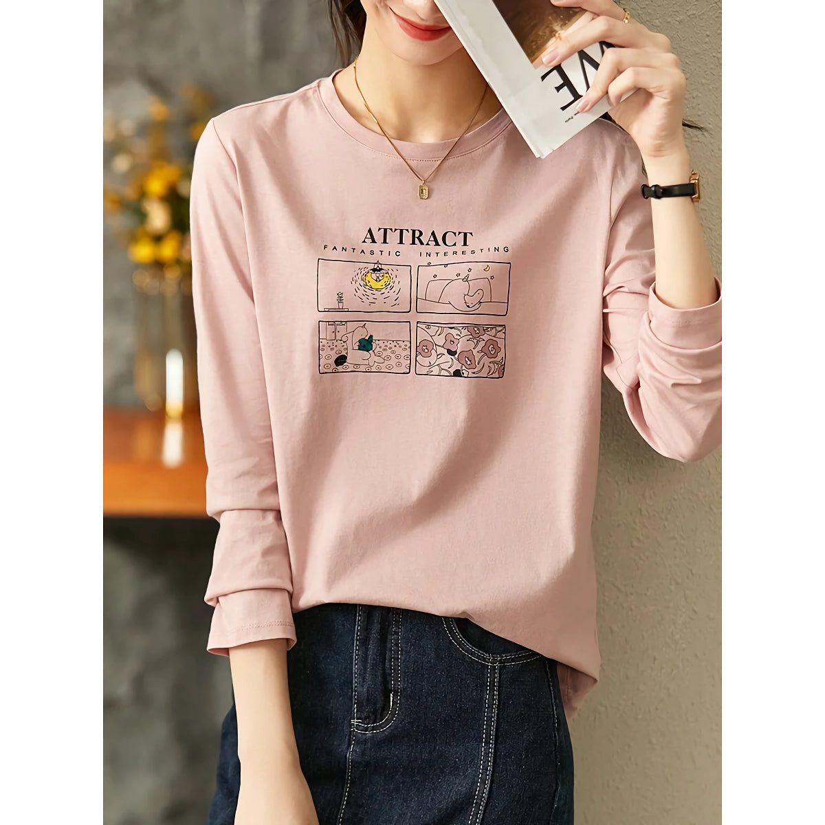 Suéter de otoño para mujer con cuello redondo y estampado de dibujos animados de algodón