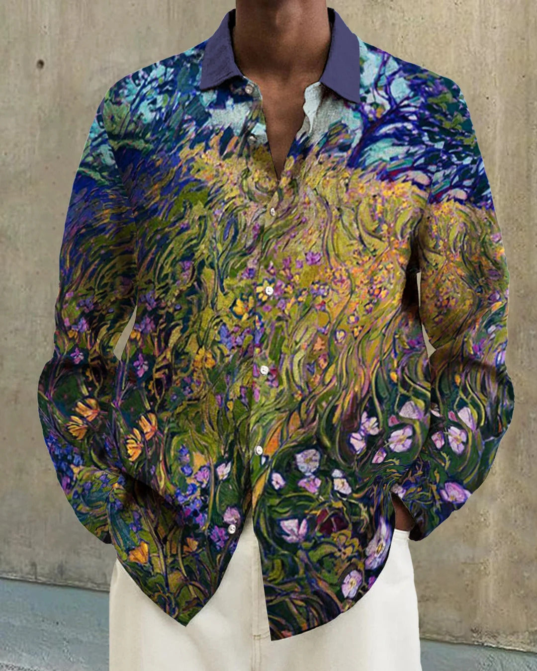 Camisa informal de manga larga con solapa y estampado 3D para hombre