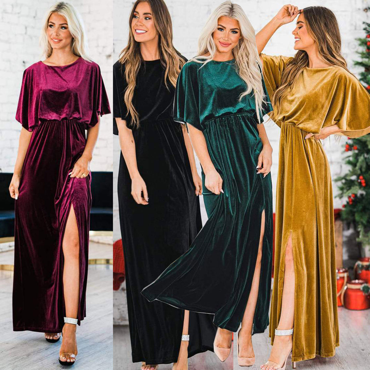 Vestido elegante de verano de terciopelo dorado con cuello redondo y abertura alta para mujer