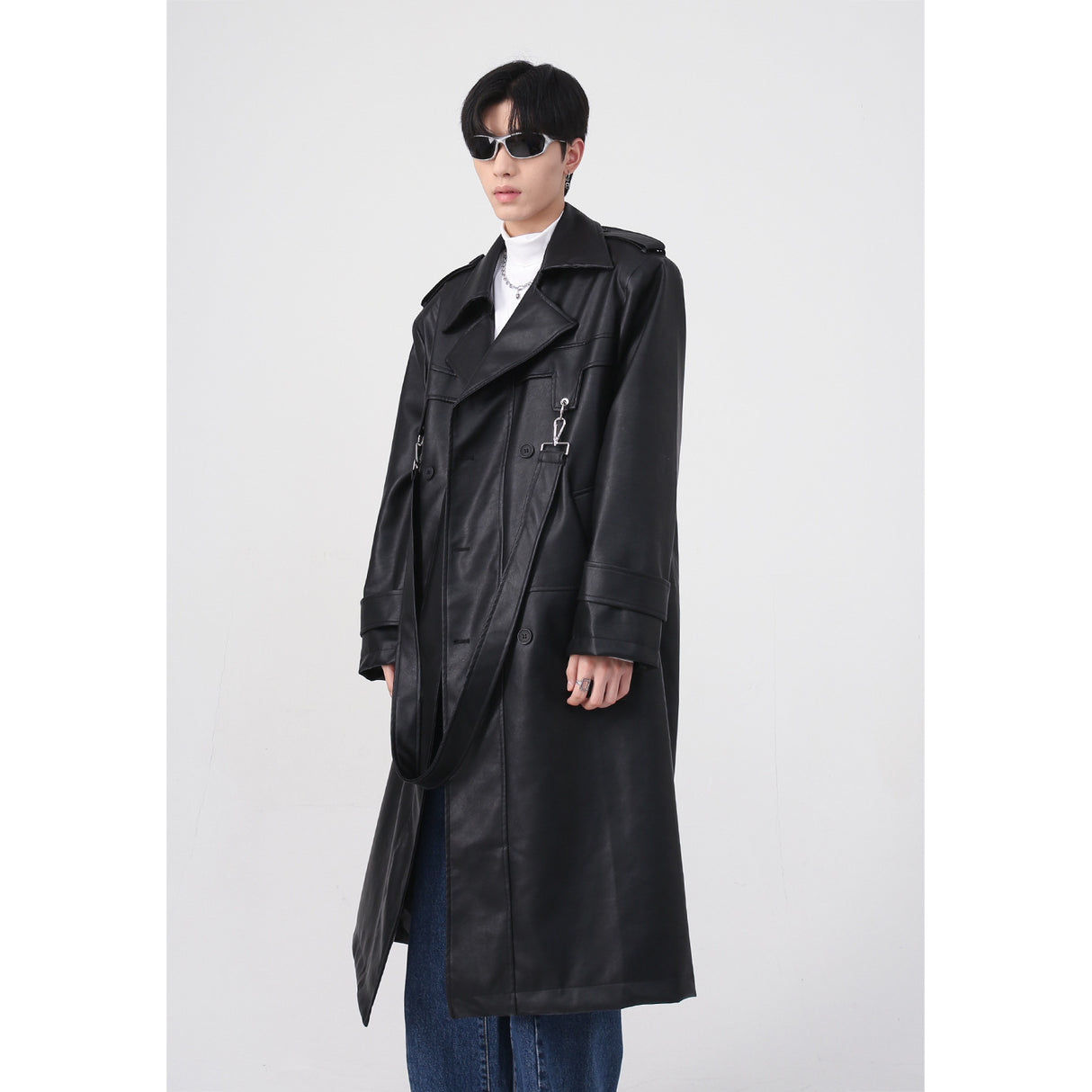 Design Sense Metal Zipper PU Shoulder Pad Medium Length Coat