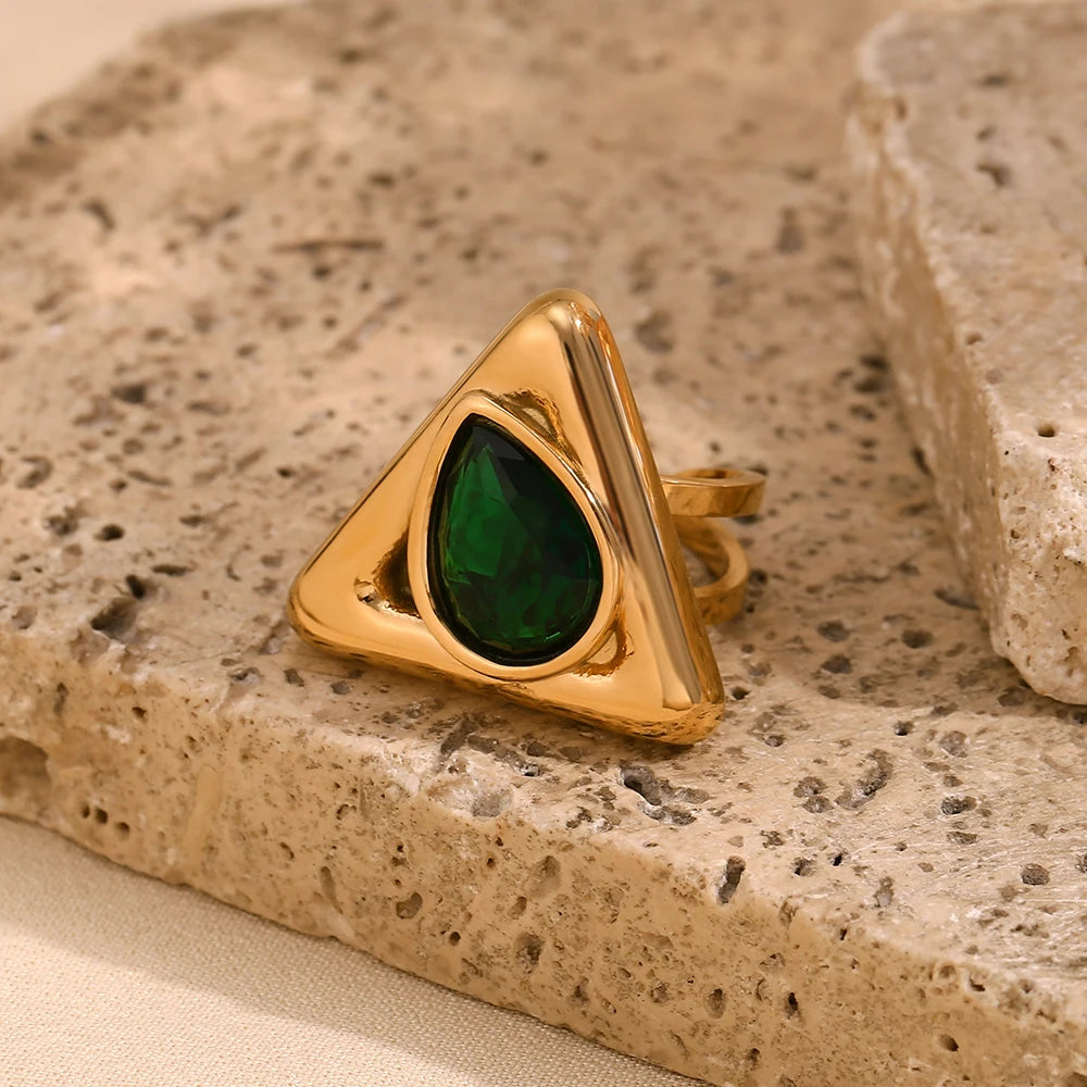 Anillo ajustable triangular con diamantes de imitación chapado en oro de 18 k - Acero inoxidable resistente al deslustre