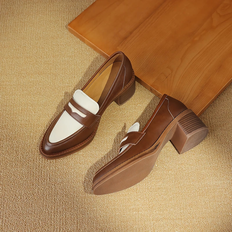 Zapatos de salón clásicos de piel auténtica con tacón cuadrado