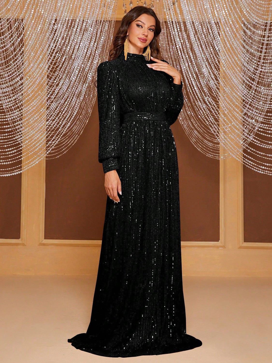 Vestido de noche largo con cuello alto y manga larga con lentejuelas de color puro, sencillo y elegante