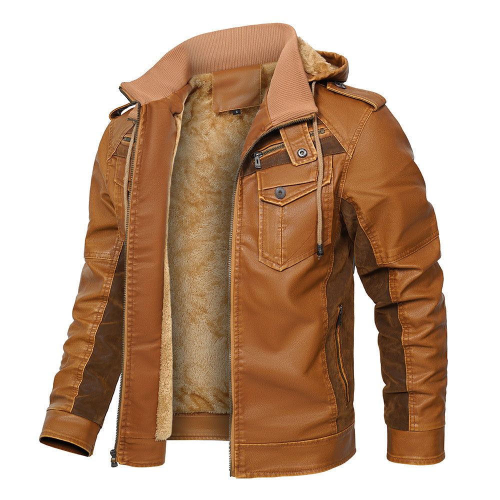 Chaqueta de cuero sintético con capucha para hombre, abrigo acolchado de vellón de invierno, talla europea