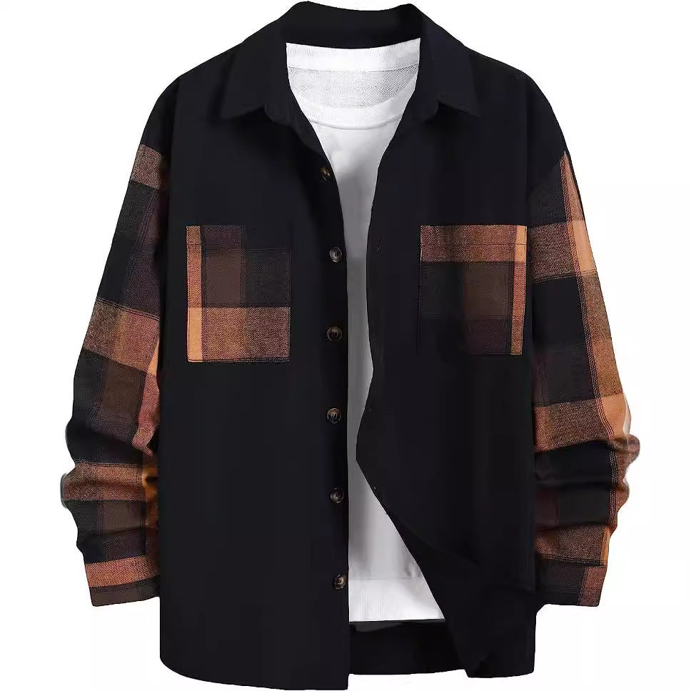 Camisa casual de manga larga con bloques de colores y cuadros para hombre de otoño