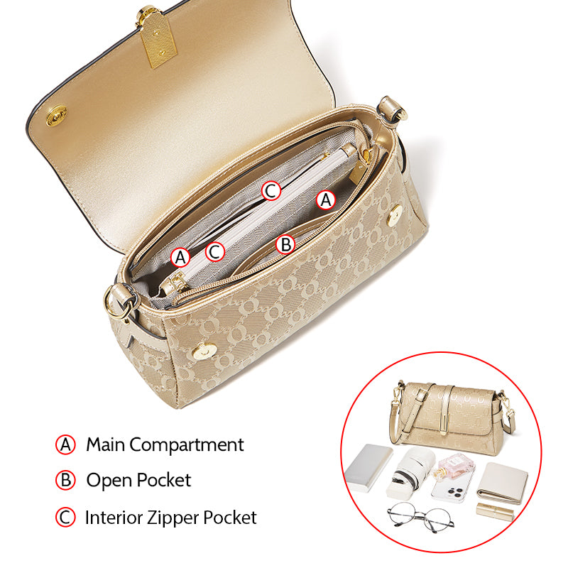Elegante bolso bandolera y de hombro dorado