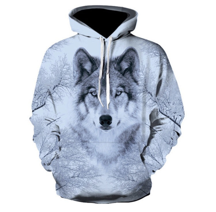 Suéter de manga larga con capucha y estampado digital en 3D de un lobo genial